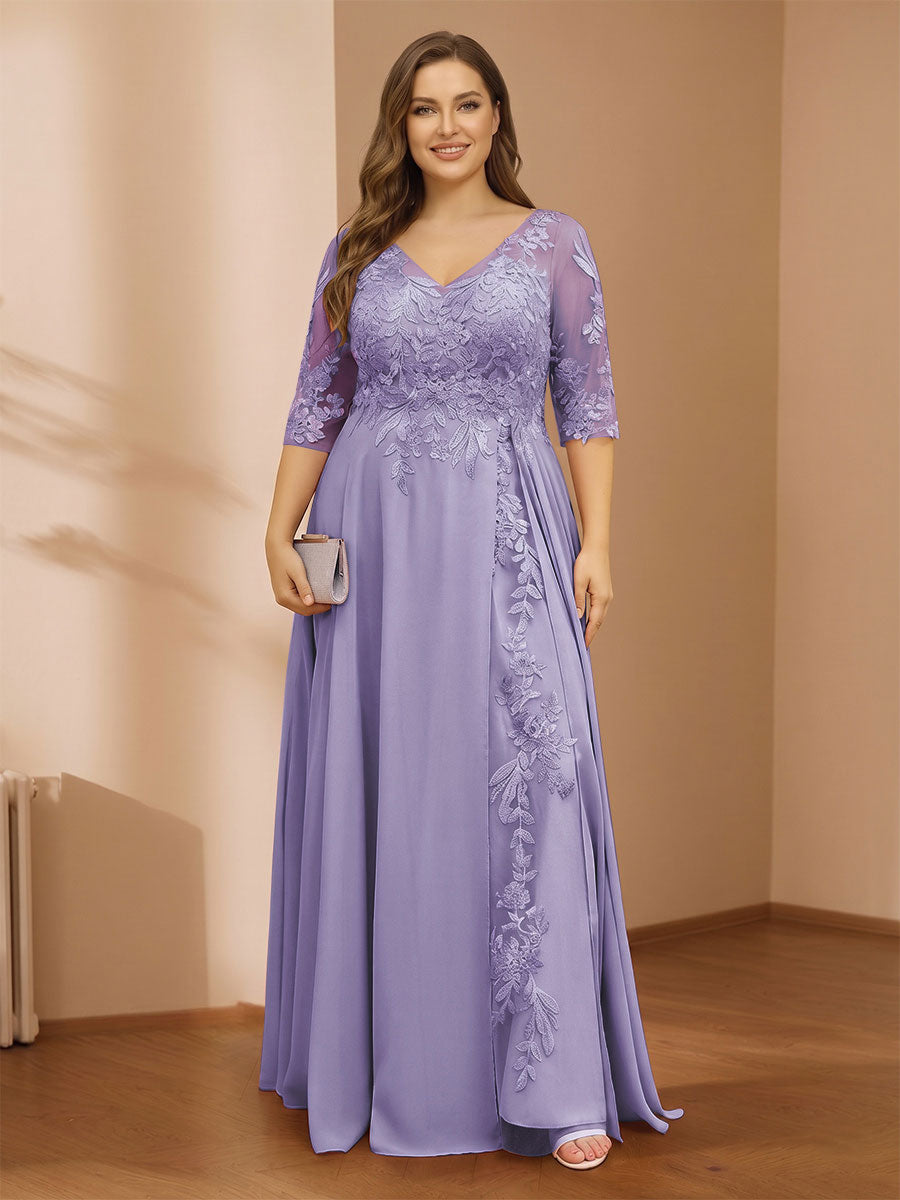 A-Line/Princess V-Neck Plus Size Mother of the Bride Dresses with Appliques &amp; Watteau Train