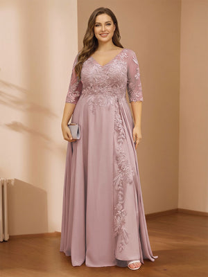 A-Line/Princess V-Neck Plus Size Mother of the Bride Dresses with Appliques & Watteau Train