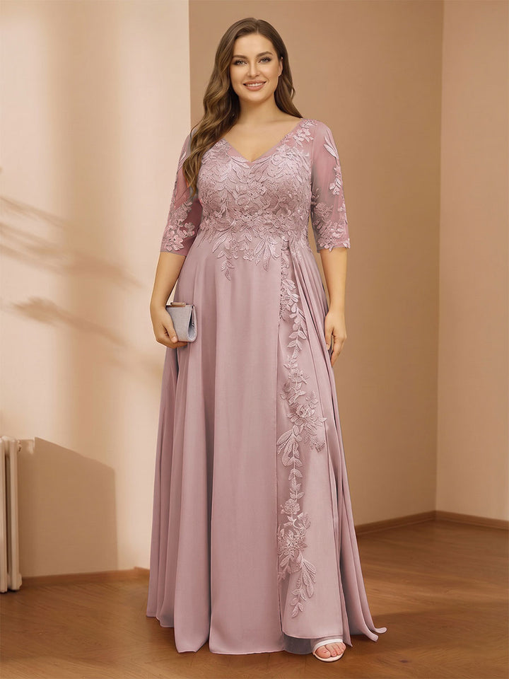 A-Line/Princess V-Neck Plus Size Mother of the Bride Dresses with Appliques &amp; Watteau Train