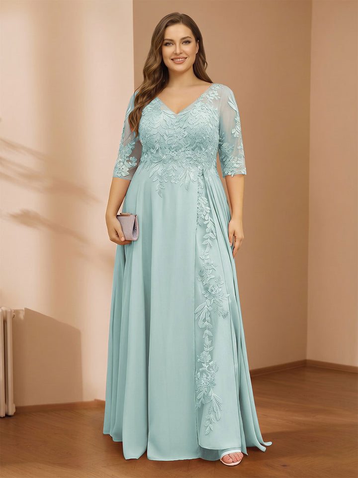 A-Line/Princess V-Neck Plus Size Mother of the Bride Dresses with Appliques &amp; Watteau Train