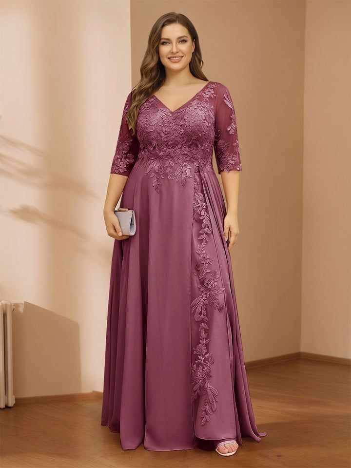 A-Line/Princess V-Neck Plus Size Mother of the Bride Dresses with Appliques &amp; Watteau Train