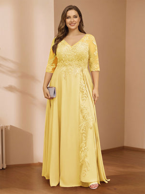 A-Line/Princess V-Neck Plus Size Mother of the Bride Dresses with Appliques & Watteau Train
