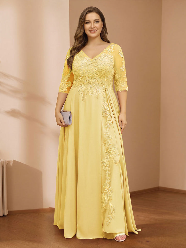 A-Line/Princess V-Neck Plus Size Mother of the Bride Dresses with Appliques &amp; Watteau Train