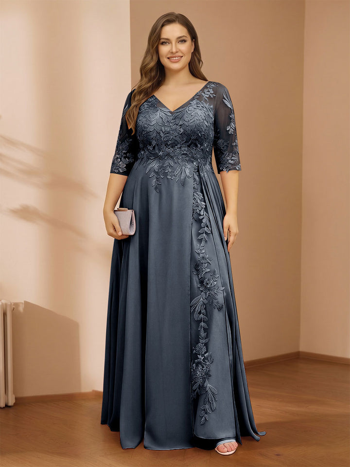 A-Line/Princess V-Neck Plus Size Mother of the Bride Dresses with Appliques &amp; Watteau Train
