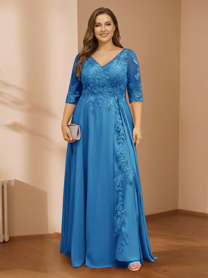A-Line/Princess V-Neck Plus Size Mother of the Bride Dresses with Appliques &amp; Watteau Train