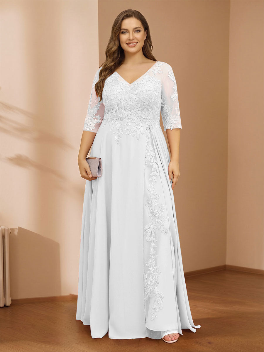 A-Line/Princess V-Neck Plus Size Mother of the Bride Dresses with Appliques &amp; Watteau Train