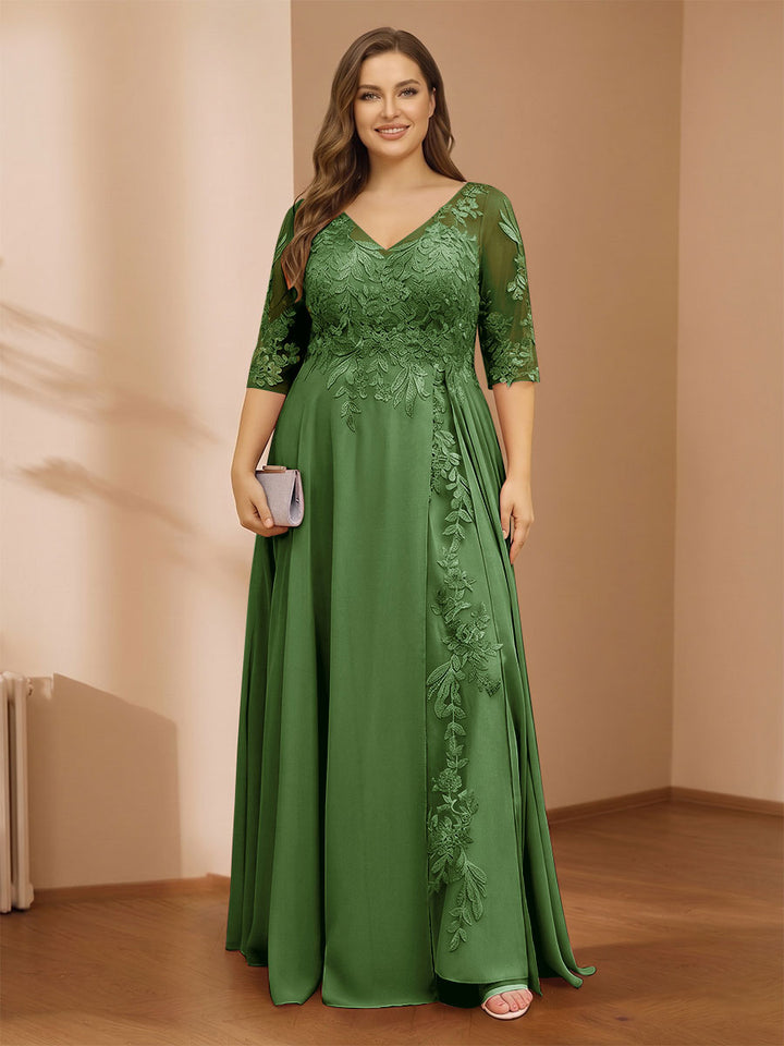 A-Line/Princess V-Neck Plus Size Mother of the Bride Dresses with Appliques &amp; Watteau Train