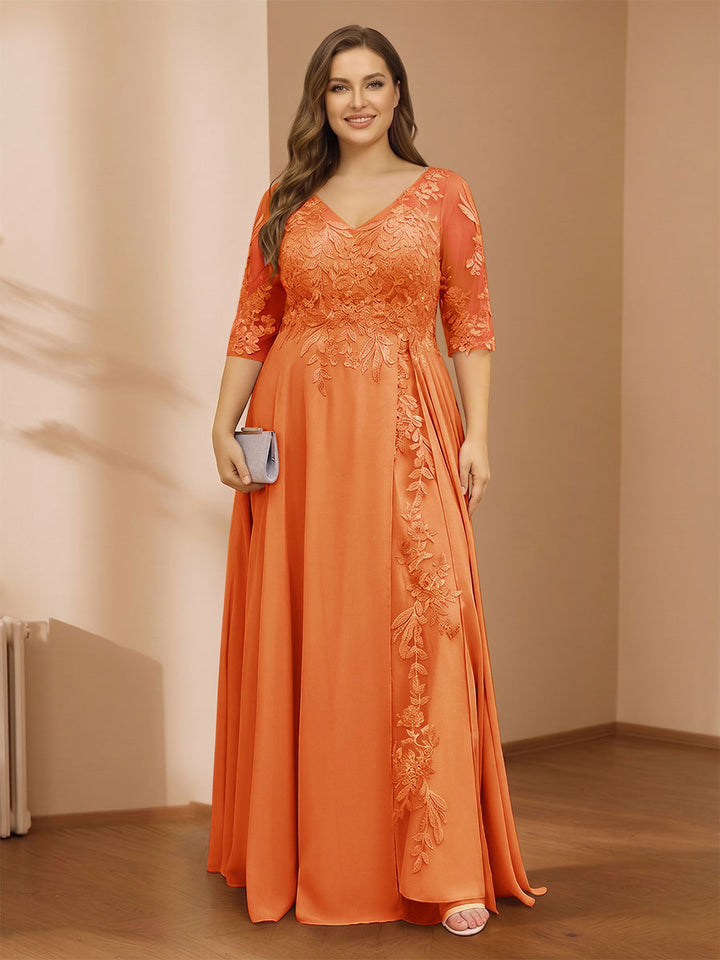 A-Line/Princess V-Neck Plus Size Mother of the Bride Dresses with Appliques &amp; Watteau Train
