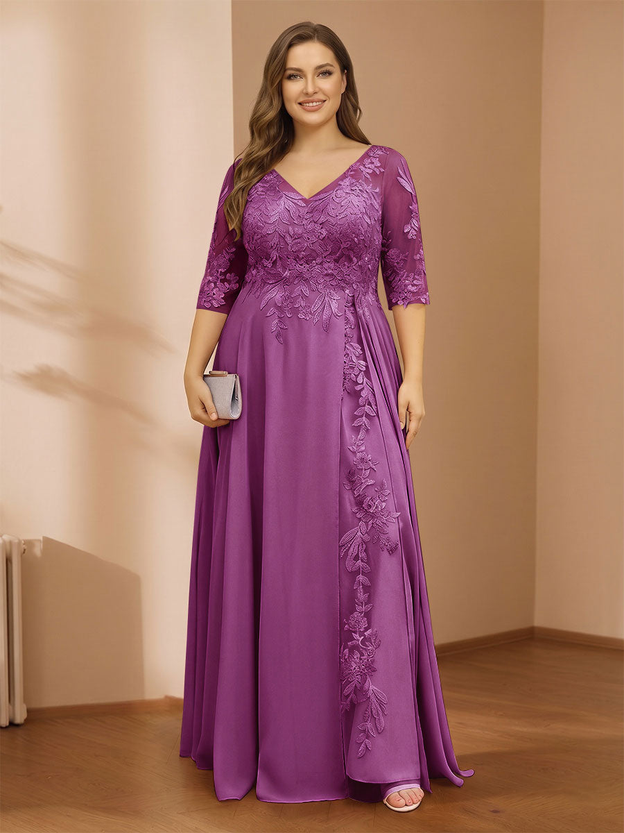 A-Line/Princess V-Neck Plus Size Mother of the Bride Dresses with Appliques &amp; Watteau Train