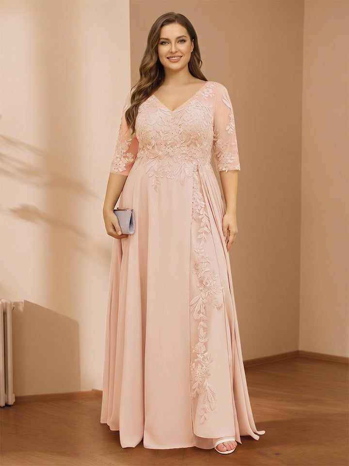 A-Line/Princess V-Neck Plus Size Mother of the Bride Dresses with Appliques &amp; Watteau Train