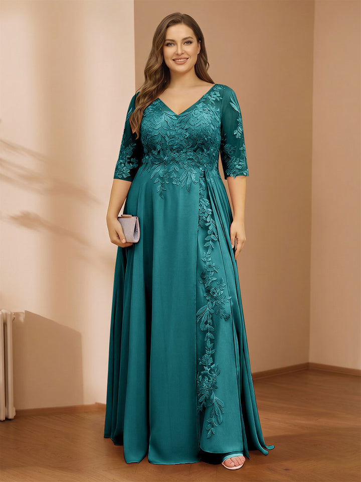 A-Line/Princess V-Neck Plus Size Mother of the Bride Dresses with Appliques &amp; Watteau Train