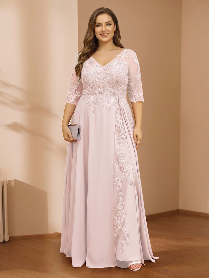 A-Line/Princess V-Neck Plus Size Mother of the Bride Dresses with Appliques &amp; Watteau Train