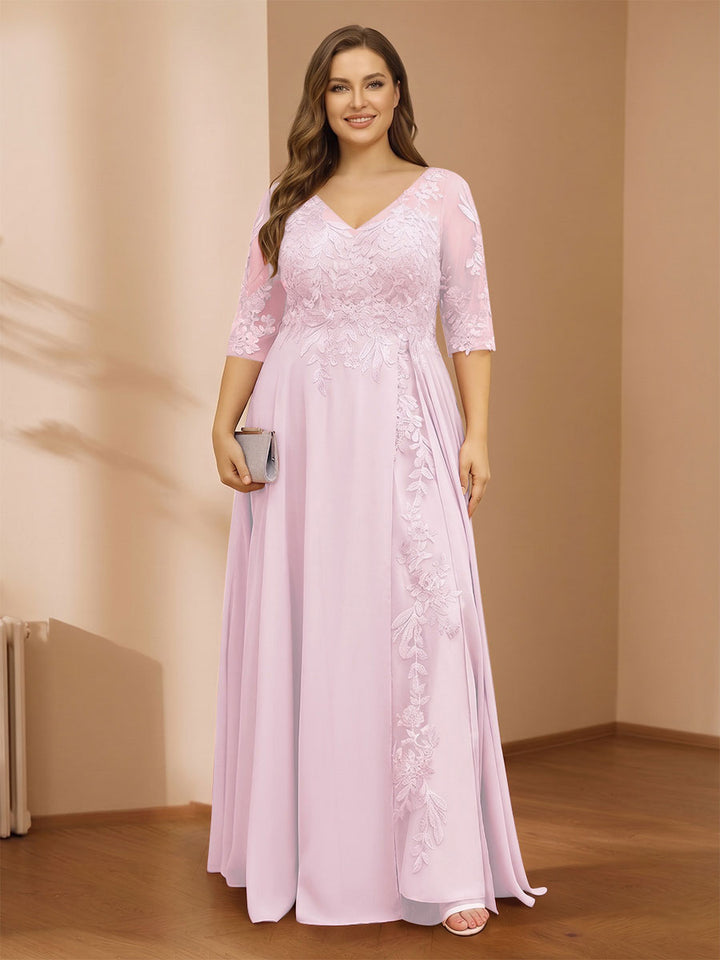 A-Line/Princess V-Neck Plus Size Mother of the Bride Dresses with Appliques &amp; Watteau Train