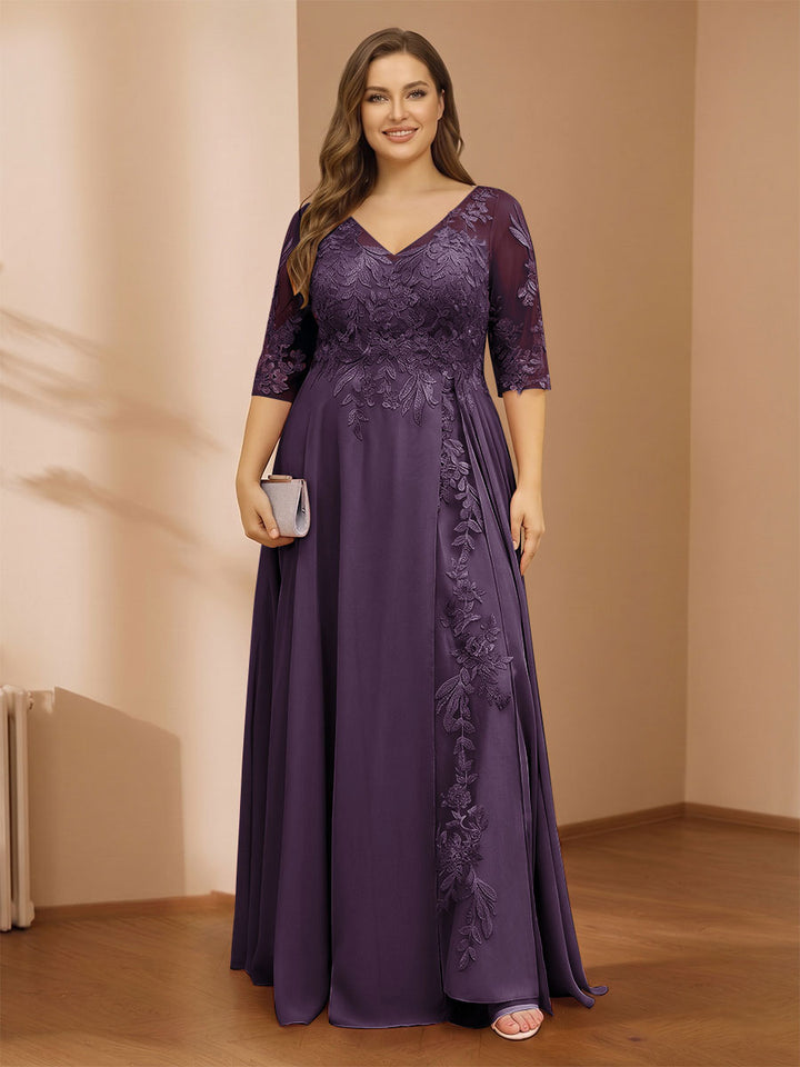 A-Line/Princess V-Neck Plus Size Mother of the Bride Dresses with Appliques &amp; Watteau Train