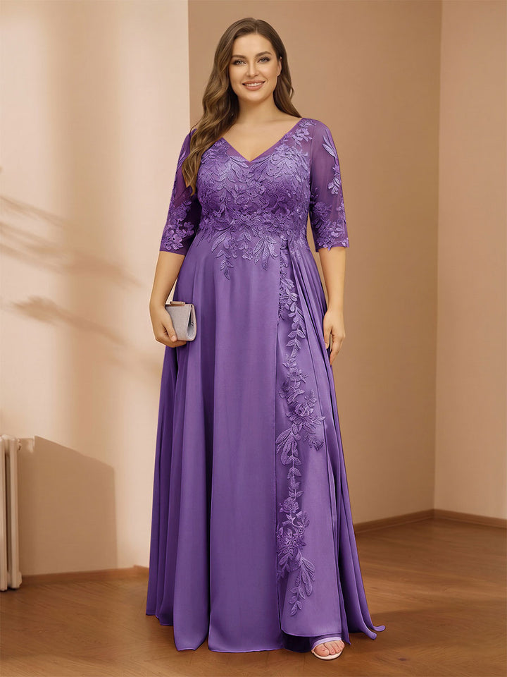 A-Line/Princess V-Neck Plus Size Mother of the Bride Dresses with Appliques &amp; Watteau Train