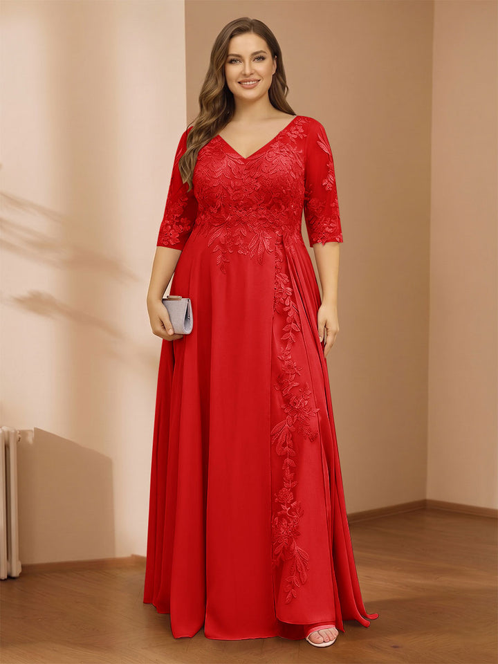 A-Line/Princess V-Neck Plus Size Mother of the Bride Dresses with Appliques &amp; Watteau Train