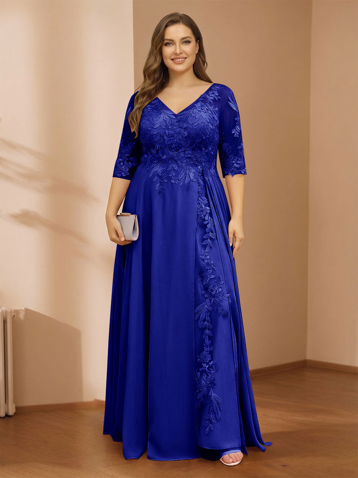 A-Line/Princess V-Neck Plus Size Mother of the Bride Dresses with Appliques &amp; Watteau Train