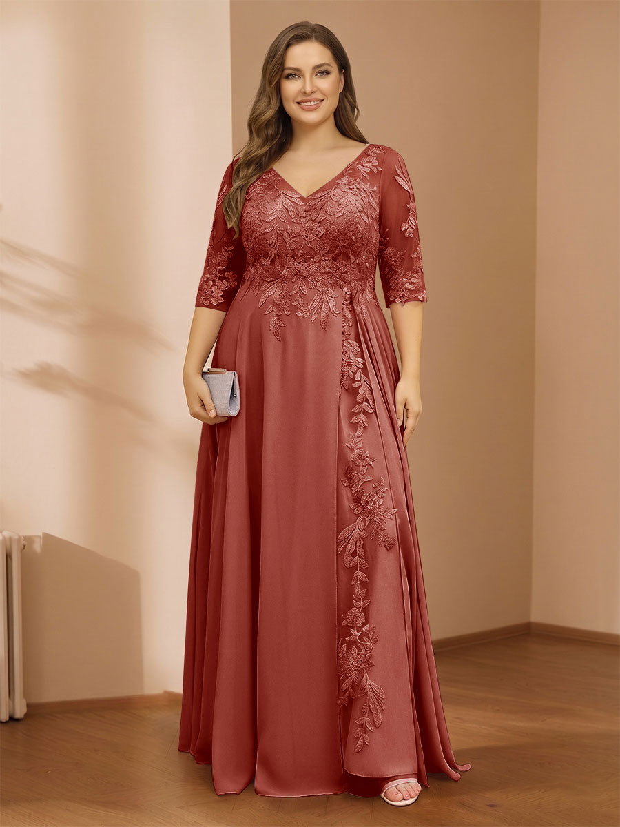 A-Line/Princess V-Neck Plus Size Mother of the Bride Dresses with Appliques &amp; Watteau Train