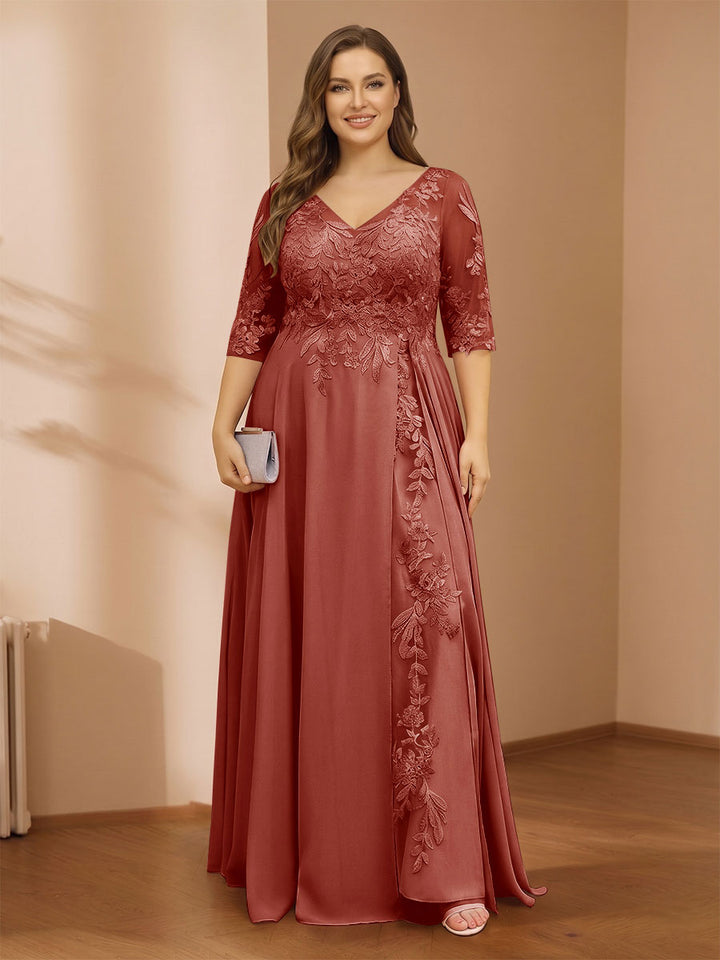A-Line/Princess V-Neck Plus Size Mother of the Bride Dresses with Appliques &amp; Watteau Train