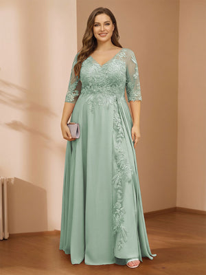 A-Line/Princess V-Neck Plus Size Mother of the Bride Dresses with Appliques & Watteau Train