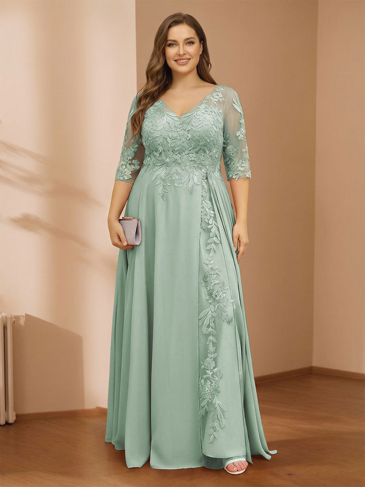 A-Line/Princess V-Neck Plus Size Mother of the Bride Dresses with Appliques &amp; Watteau Train