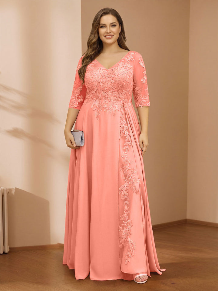 A-Line/Princess V-Neck Plus Size Mother of the Bride Dresses with Appliques &amp; Watteau Train