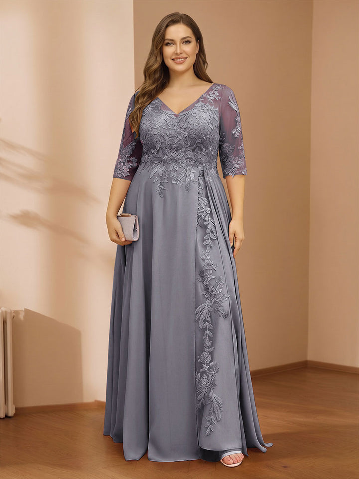 A-Line/Princess V-Neck Plus Size Mother of the Bride Dresses with Appliques &amp; Watteau Train