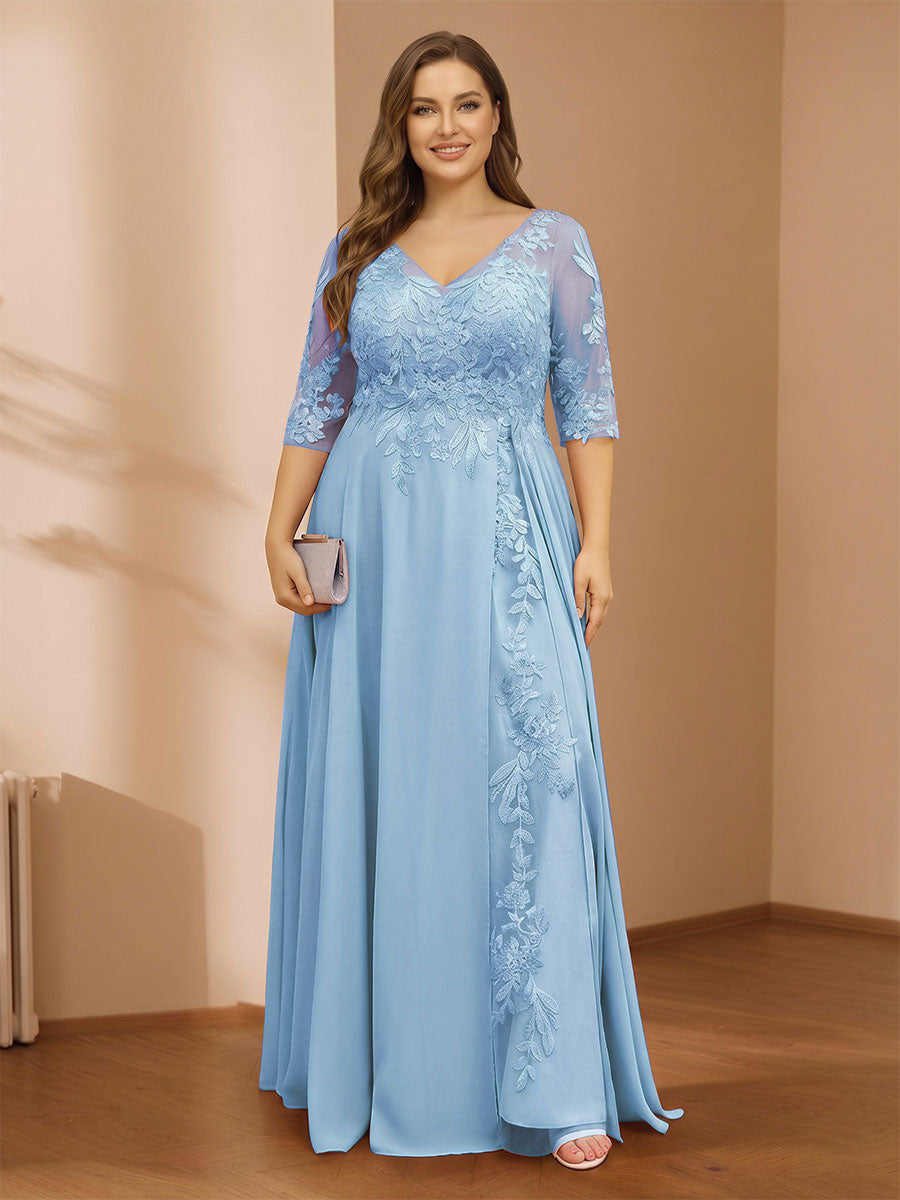 A-Line/Princess V-Neck Plus Size Mother of the Bride Dresses with Appliques &amp; Watteau Train