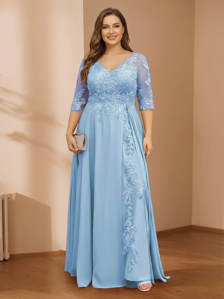 A-Line/Princess V-Neck Plus Size Mother of the Bride Dresses with Appliques &amp; Watteau Train