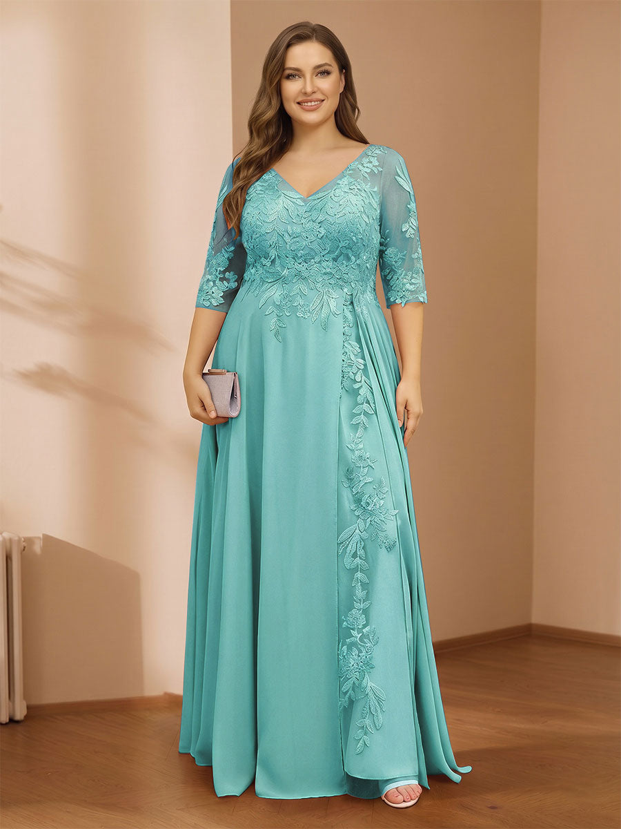 A-Line/Princess V-Neck Plus Size Mother of the Bride Dresses with Appliques &amp; Watteau Train
