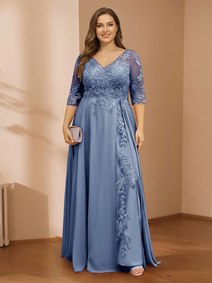 A-Line/Princess V-Neck Plus Size Mother of the Bride Dresses with Appliques &amp; Watteau Train