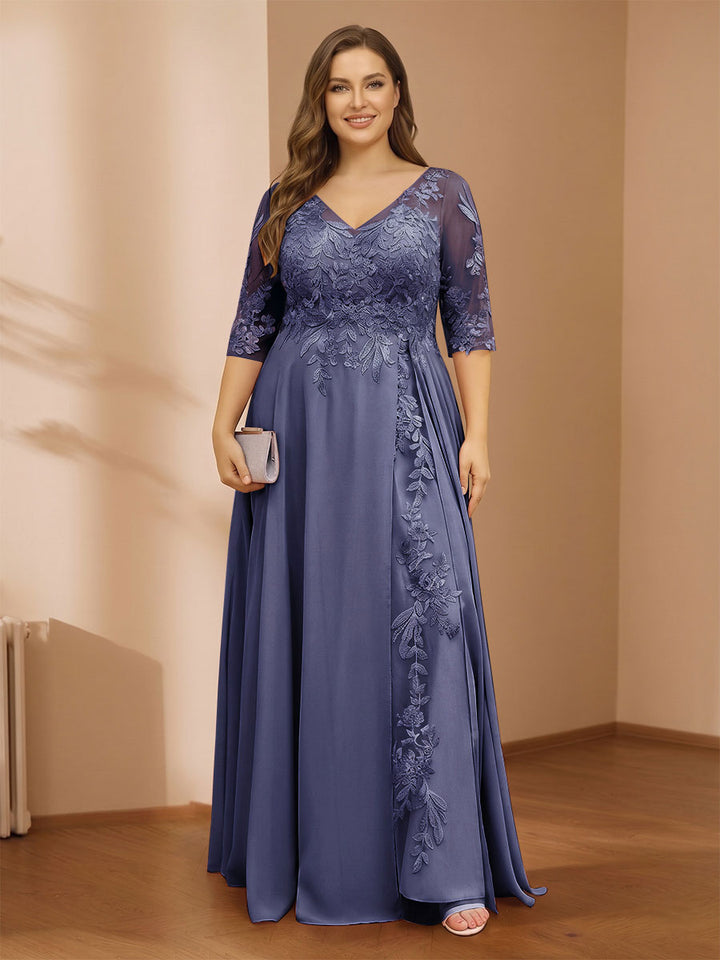 A-Line/Princess V-Neck Plus Size Mother of the Bride Dresses with Appliques &amp; Watteau Train