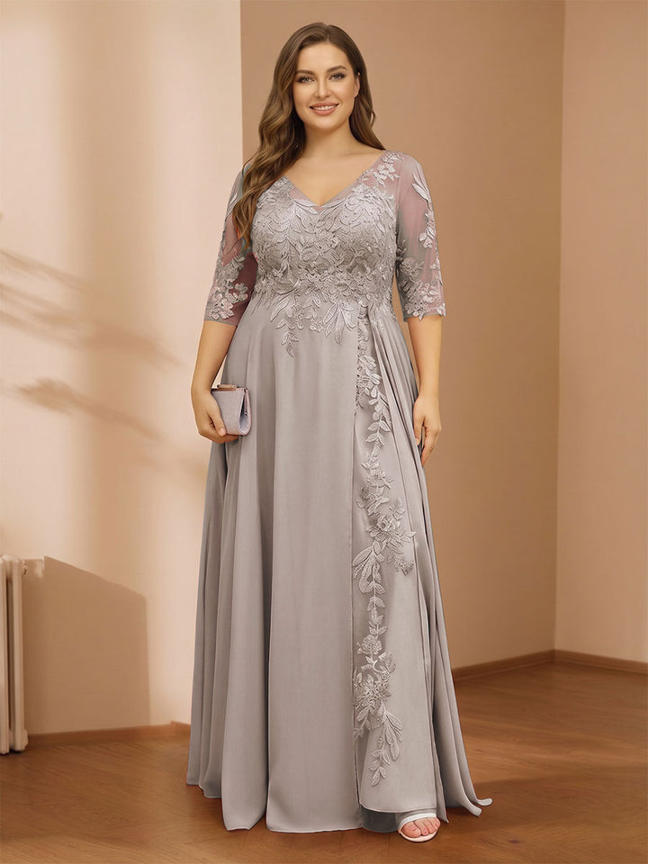 A-Line/Princess V-Neck Plus Size Mother of the Bride Dresses with Appliques &amp; Watteau Train