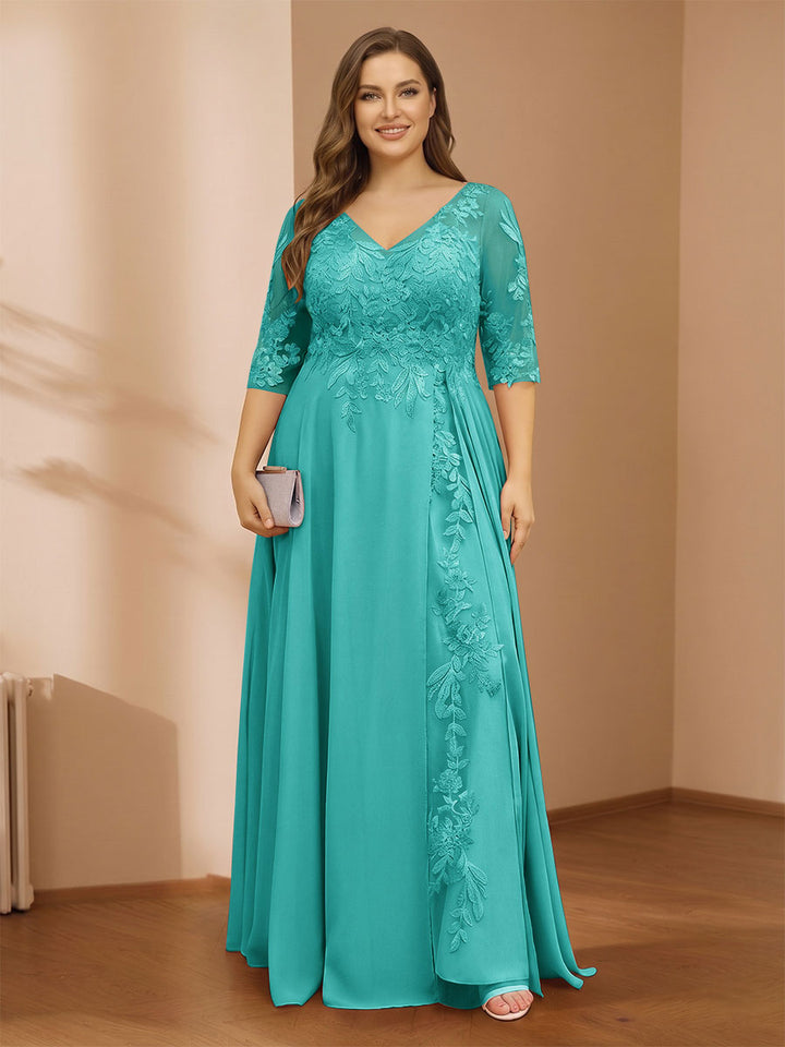 A-Line/Princess V-Neck Plus Size Mother of the Bride Dresses with Appliques &amp; Watteau Train