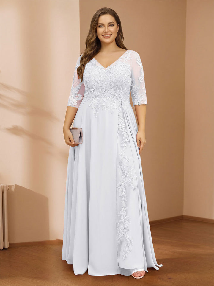 A-Line/Princess V-Neck Plus Size Mother of the Bride Dresses with Appliques &amp; Watteau Train