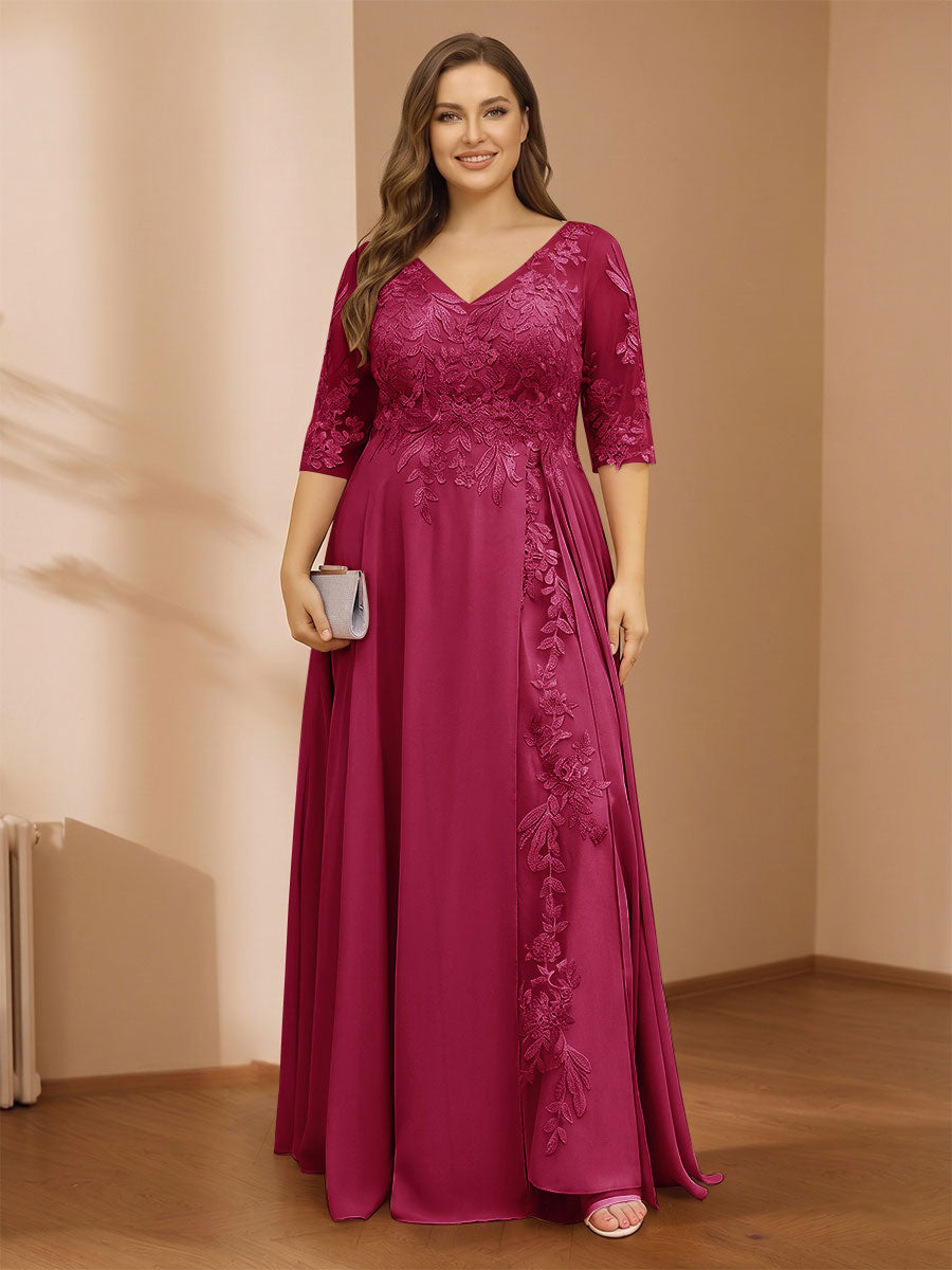 A-Line/Princess V-Neck Plus Size Mother of the Bride Dresses with Appliques &amp; Watteau Train