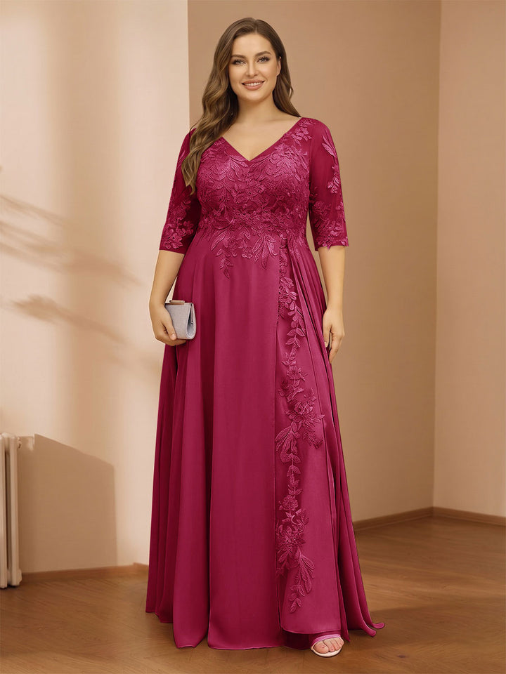 A-Line/Princess V-Neck Plus Size Mother of the Bride Dresses with Appliques &amp; Watteau Train