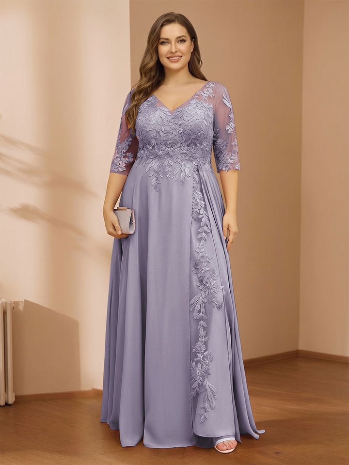 A-Line/Princess V-Neck Plus Size Mother of the Bride Dresses with Appliques &amp; Watteau Train