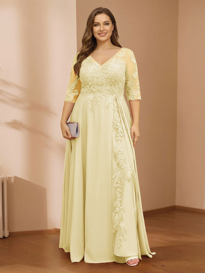 A-Line/Princess V-Neck Plus Size Mother of the Bride Dresses with Appliques &amp; Watteau Train