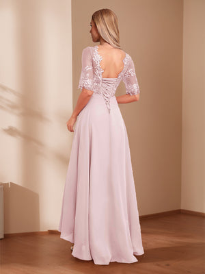 A-Line/Princess Illusion Neck Asymmetrical Mother of the Bride Dresses with Appliques