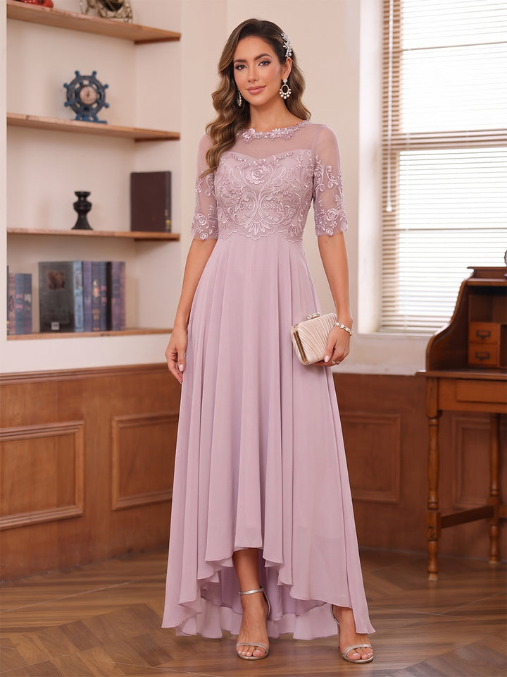 A-Line/Princess Illusion Neck Half Sleeves Asymmetrical Mother of the Bride Dresses with Appliques