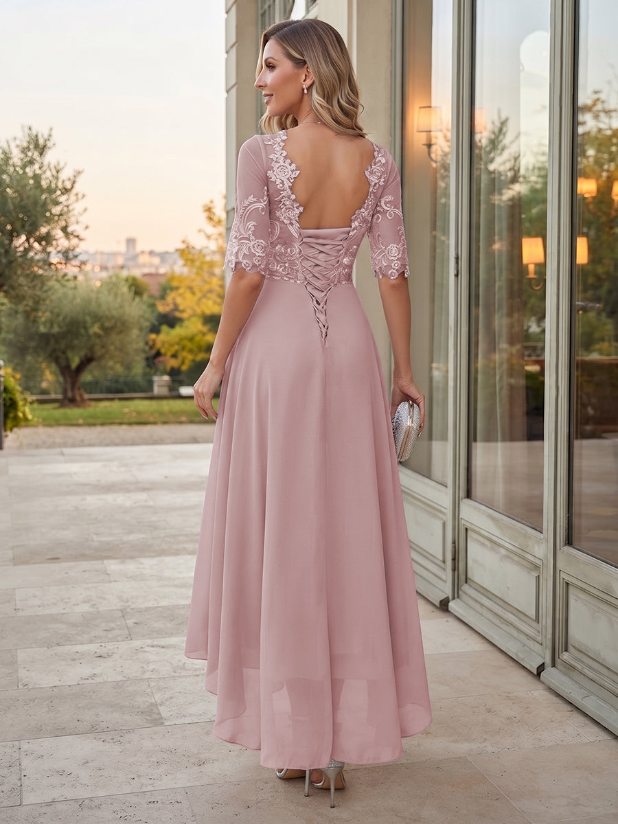 A-Line/Princess Scoop Half Sleeves Chiffon Ankle-Length Formal Dresses with Applique