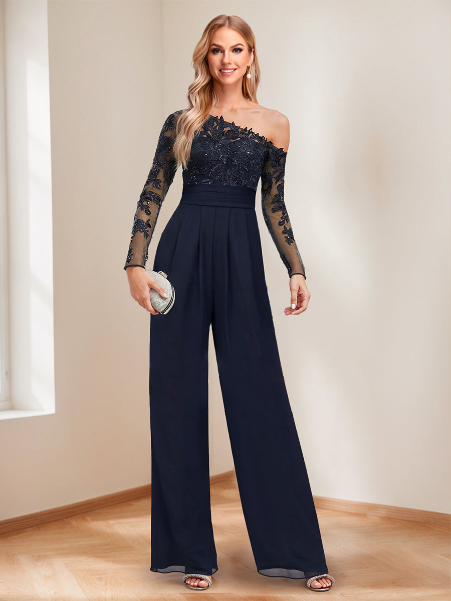 Jumpsuits One-Shoulder Long Mother of the Bride Pantsuits with Appliques & Sequins