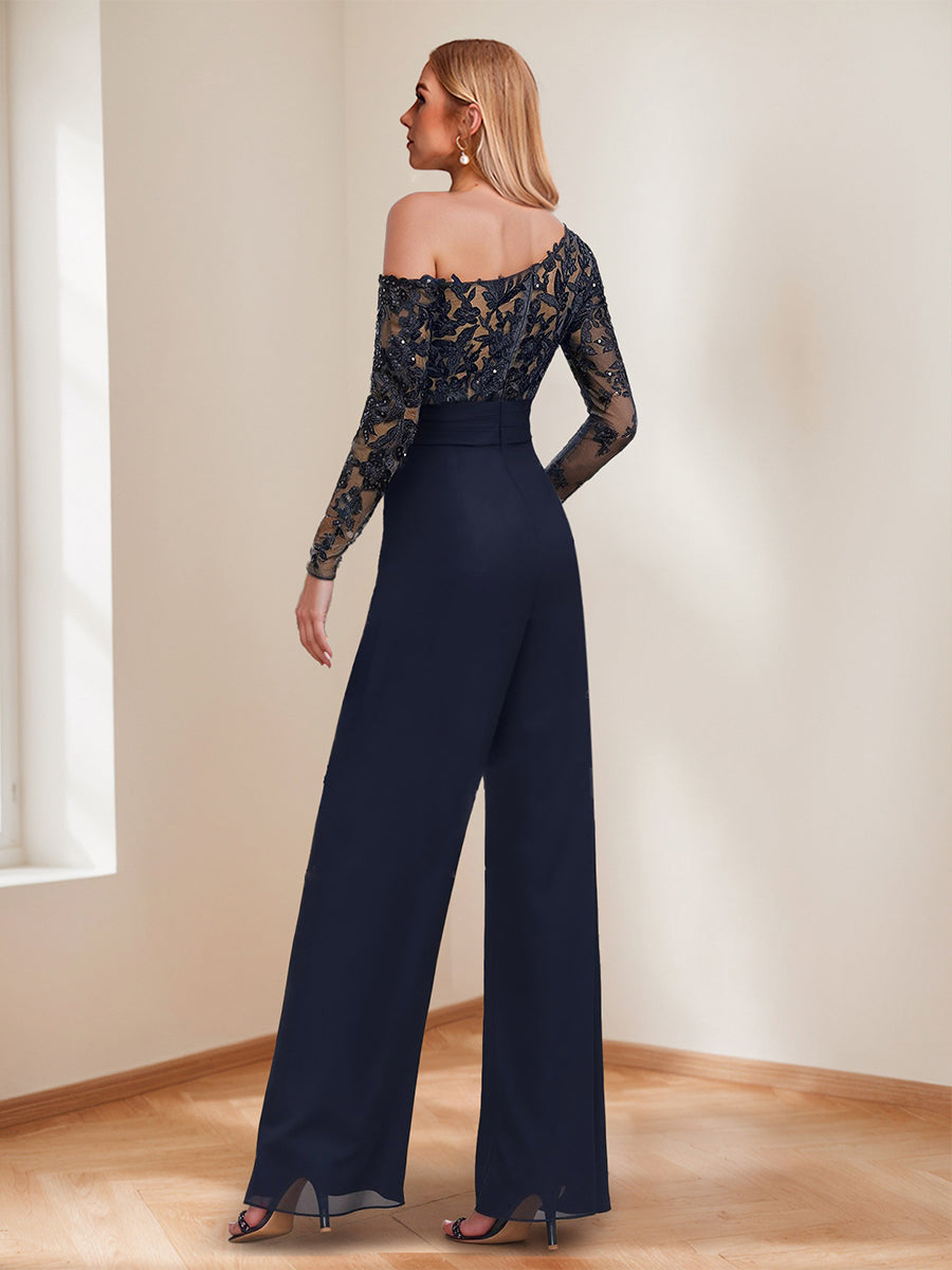 Jumpsuits One-Shoulder Long Mother of the Bride Pantsuits with Appliques & Sequins