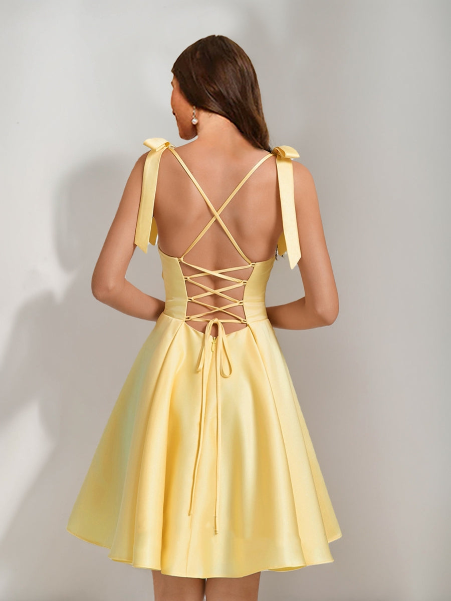 A-Line/Princess Square Pleated Mini Dresses Short Homecoming Dresses with Bow(s)
