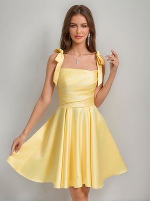 A-Line/Princess Square Pleated Mini Dresses Short Homecoming Dresses with Bow(s)