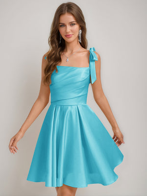 A-Line/Princess Square Pleated Mini Dresses Short Homecoming Dresses with Bow(s)