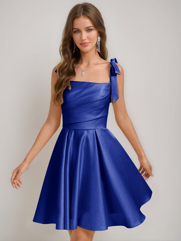 A-Line/Princess Square Pleated Mini Dresses Short Homecoming Dresses with Bow(s)