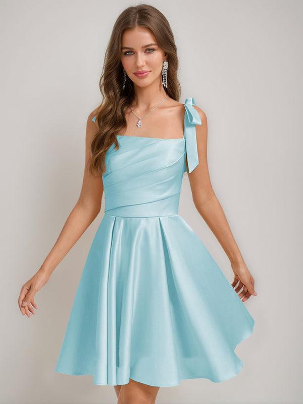 A-Line/Princess Square Pleated Mini Dresses Short Homecoming Dresses with Bow(s)