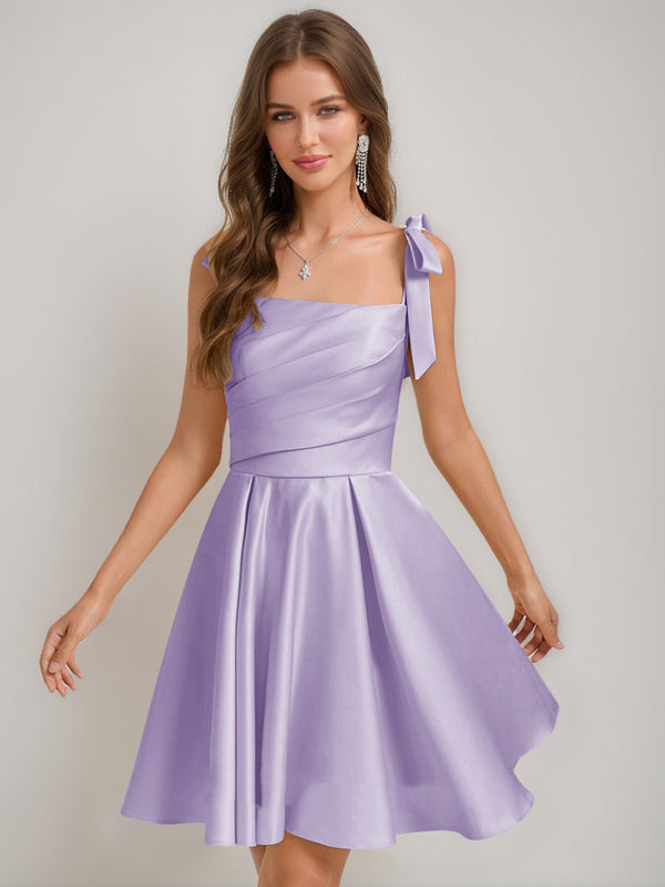 A-Line/Princess Square Pleated Mini Dresses Short Homecoming Dresses with Bow(s)